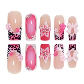 YOLEZI Medium Square Press on Nails French Tip Fake Nails with 3D Pink Flower Bow Charms Designs Fake Nail Glue on Nails Full Cover Acrylic Nails for Women 24 PCS (P-28, M-21)