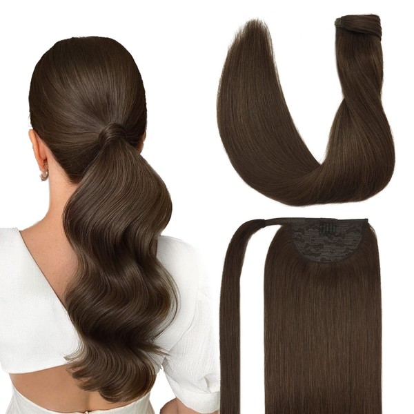 DOORES Ponytail Extension, Chocolate Brown, 35 cm, 75 g, Real Hair, Straight Ponytail Hairpiece, Clip in Wrap Around Remy Ponytail, Real Hair, Long
