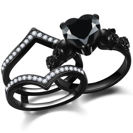 GTISKL Gothic Skull Engagement Ring Sets Promise Eternity Band Rings Cubic Zirconia Wedding Anniversary Promise Rings Bridal Cocktail Party Biker Jewelry, Gold Plated, cubic zirconia crystal