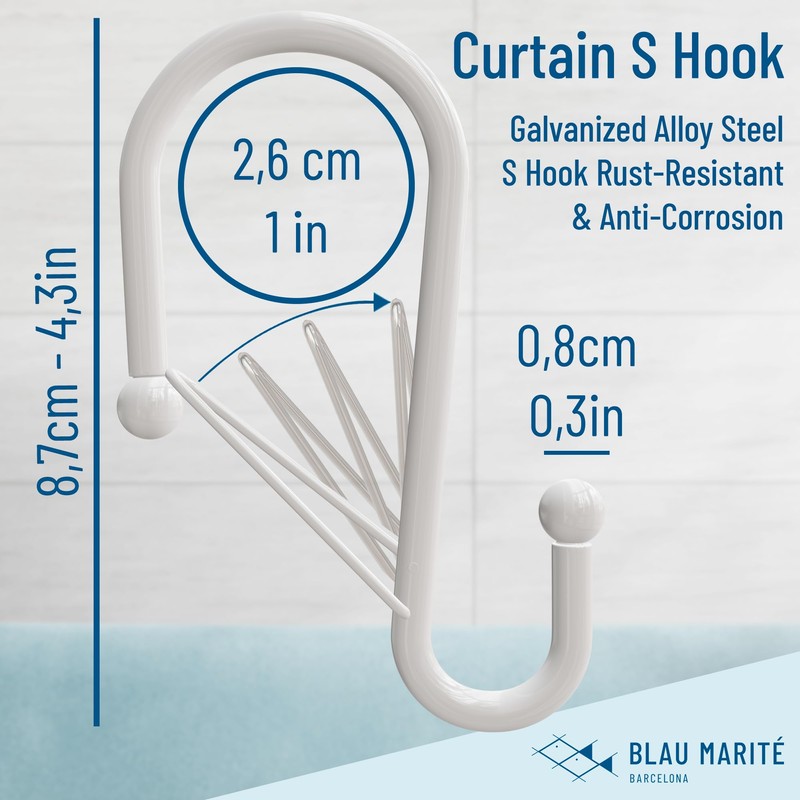 Blau Marité 12 Decorative Metal Shower Curtain Hooks, S-Shaped Hooks