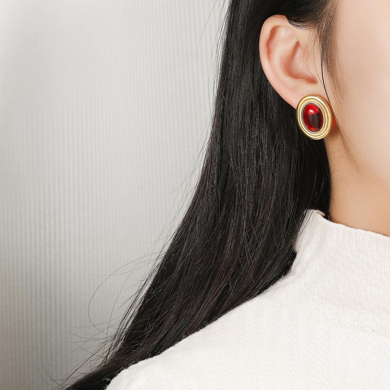 Catuni Vintage Chunky Earrings for Women Red and Gold Statement