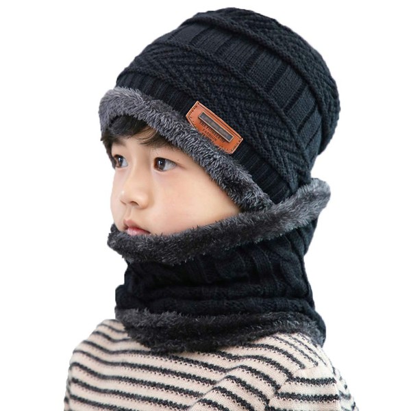 XYIYI Kids Winter Knit Hat and Scarf Set, 2Pcs Warm Fleece Lining Beanie Cap and Scarf for 5-14 Year Old Boys Girls (Black)