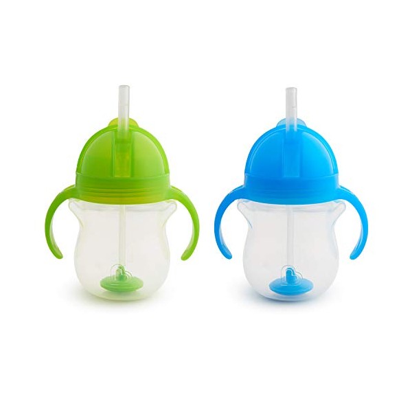 Munchkin Click Lock Tip & Sip Straw Cup Set, Baby & Toddler Sippy Cups with Straw, BPA Free Non Spill Cup, Dishwasher Safe Baby Straw Cup, Weighted Straw Childrens Cups - 7oz/207ml, 2 Pack, Green/Blue