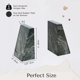 Modern Wedge Marble Bookends – Hand Carved, Polished Stone Bookends w/Non-Slip Rubber Pads – Lightweight & Compact Decorative Bookends (Green)