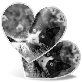 2 x 7.5cm Heart Stickers - Black & White Cat Kitten Cats Garden Decals 42242