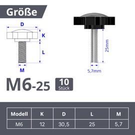 ORTAVA Pack of 10 Star Grip Screws, Screws with Handle M6 x 25 mm, Knurled Screw, Star Head Screw, Star Grip Nut, Clamping Knob for Machine Tools, Machine (Black)