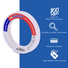 Triple Fish 100% Fluorocarbon Leader, 40 lb / 18.1 kg Test, 0.025 in / 0.64 mm Dia, Clear, 50 yd / 46 m