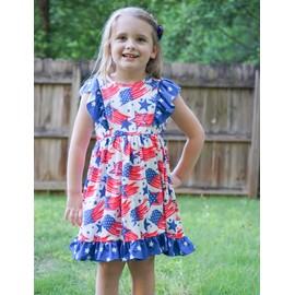 Enlifety Patriotic Dresses for Girls Size 4 5 Ruffle Sleeve July 4th Flag Print Dress with Shorts Independence Day Red White Blue Outfits for Daughter Granddaughter 4-5 Years