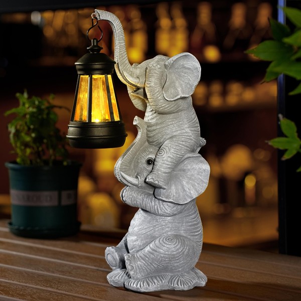 Elephant Statue for Outdoor Decor - Art Gifts for Women, Mom, Birthday - Enhance Home and Garden Decor with Solar LED Lights, Crafted for Gift Appeal & Good Luck