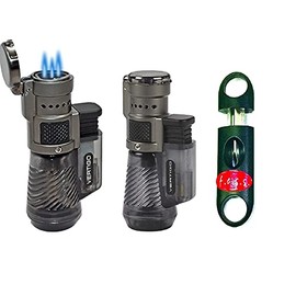 Vertigo by Lotus Cyclone Triple Torch Cigar Lighter Charcoal 2 Pack with FESS 62R V Cut Cigar Cutter (Charcoal)