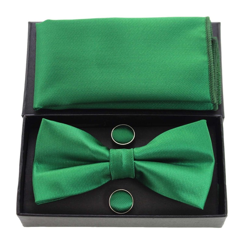 JEMYGINS Men's Plain Bow Tie and Pocket Square with Cufflinks,