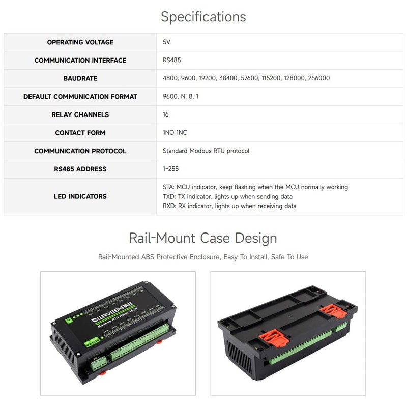 Waveshare Modbus RTU 16-Ch Relay Module, RS485 Interface, with Multiple