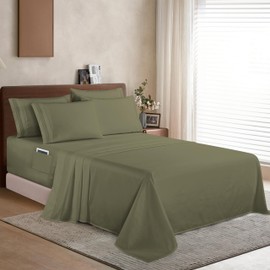 Elegant Comfort 1500 Premium Quality 6-Piece Bed Sheet Set - 18-24 Inch Extra Deep Pocket, Smart Storage Pockets, Wrinkle Free Ultra Soft 6PC Extra Deep Pocket Sheets, Queen, Green