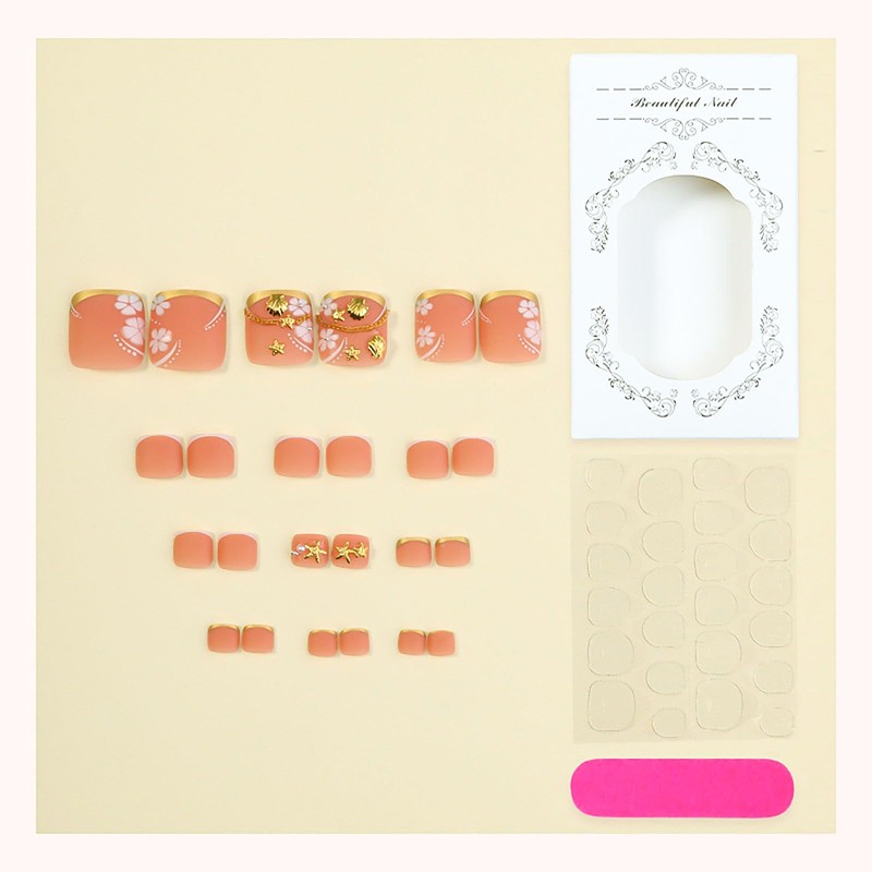 Short Press on Toenails French Tip Fake Toenails with Gold