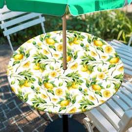 TAINAT 45-54in Lemon Round Outdoor Tablecloth with Zippered Umbrella Hole, Waterproof Elastic Round Fitted Table Covers, Patio Table Cloth for Picnic,Party,Garden