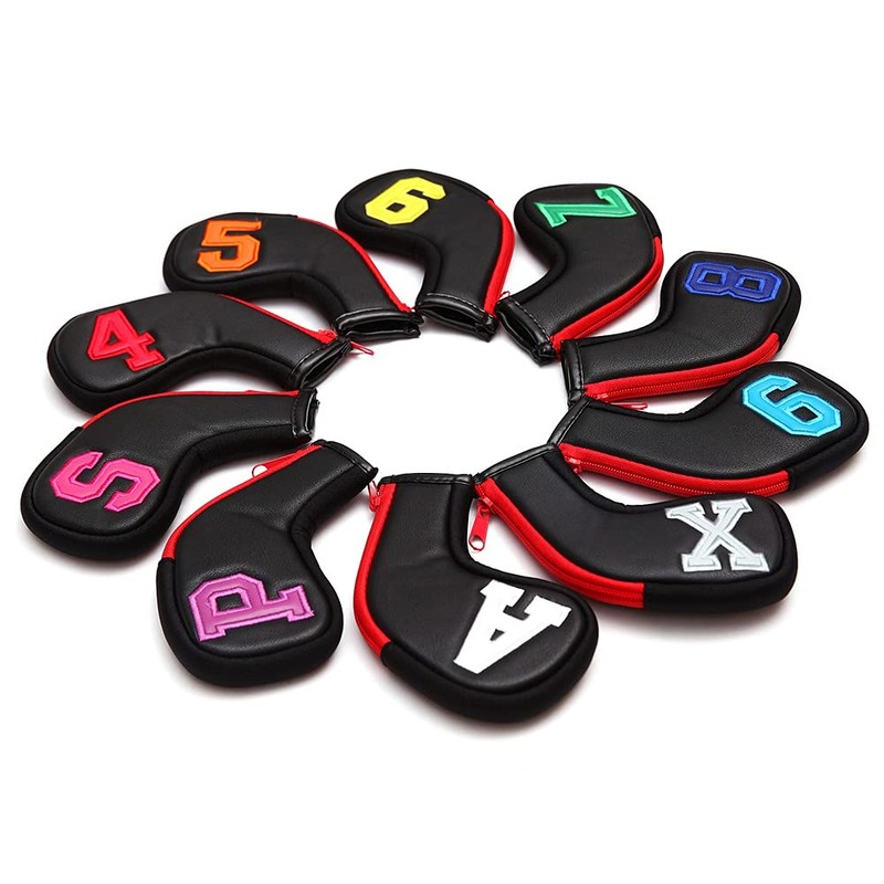 Colorful Number Black PU Golf Club Irons HeadCover Zipper 10pcs