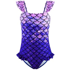 DAXIANG One Piece Girls Swimsuits Hawaii Floral Ruffle Sleeve Swimwear Beach Bathing Suit Purple Mermaid 9 Years 10 Years Size 9-10