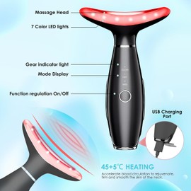 Facial Massager -7 Color Red-Light-Therapy for Face and Neck for Wrinkles, Double Chin, Vibrating Facial Massager with Thermals (Black7)