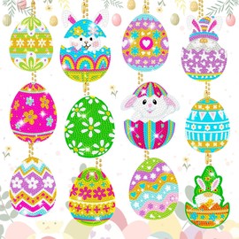 QUANMAITONG 5D Diamond Painting Easter Keyring Crafts, Pack of 12 DIY Easter Eggs Diamond Painting Key Chain Children Diamond Painting Rabbit Spring Pendant Easter Gifts Children
