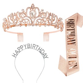 Bandas para el Cabellocon para "Birthday Queen" Sash & Rhinestone Tiara Set Rose Gold Birthday Sash and Tiara para Mujeres Kit, Mythya Accesorios para el Cabello para Boda, Fiesta de Cumpleaños