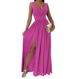 Dokotoo Womens Ladies Elegant Floor Length A Line Wrap Deep V Neck Backless Ruched Pleated Ruffled Split Long Maxi Formal Evening Party Prom Dress Bridesmaid Wedding Guest Dresses for Women Purple L