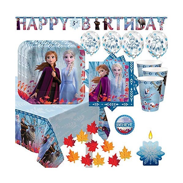 Frozen 2 Birthday Party Supplies and Decoration Pack For 16 With Plates, Napkin, Tablecover, Cups, Add An Age Banner, Confetti Balloons, Snowflake Candle, Fall Leaves, and Frozen Inspired Pin