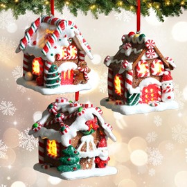 3Pcs Christmas Gingerbread House Hanging Ornaments for Xmas Tree,3D Light-Up Handmade Clay Gingerbread Candy House with Santa Claus Snowman for Christmas Eve New Year Winter Holiday Party Decorations
