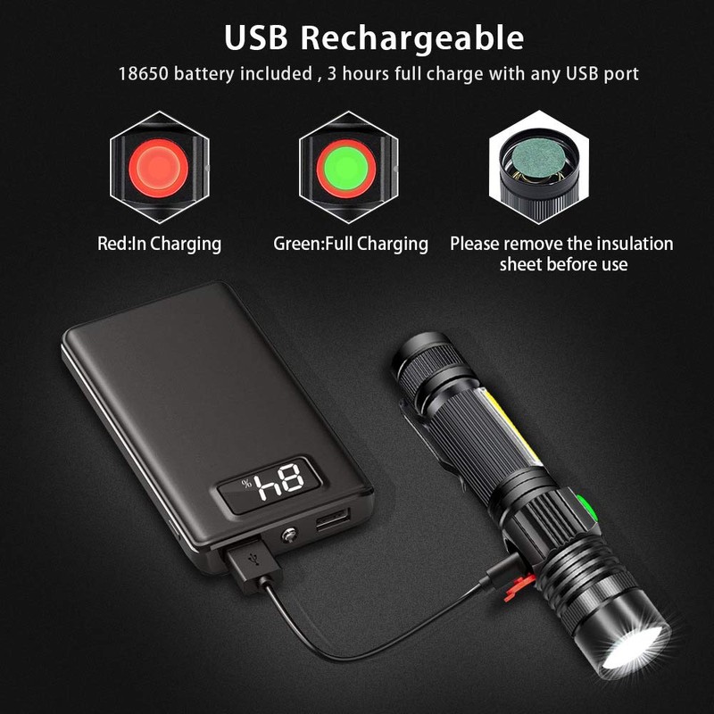Hoxida Rechargeable Flashlight(Battery Included), Magnetic LED Flashlight with COB sidelight,