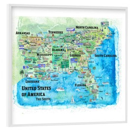 artboxONE Poster with White Frame 50 x 50 cm Cities USA Southern States Map Picture USA Southern States Map