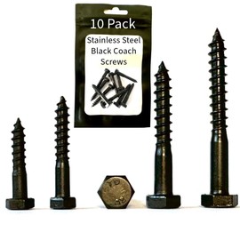 M6 x 25mm - Black Stainless Steel - Hex Head Coach Screw Bolts - Perfect for TV/Wall Mounting Brackets, Shelving Wood, Decking, Mansonry/Bricks, Concrete, Indoor and Outdoor Projects - 10 Pack