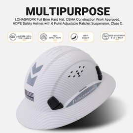 LOHASWORK Full Brim Hard Hat Construction OSHA Approved Vented Hard Hat Cascos De Construccion 6 Point Adjustable Ratchet Suspension Matte White Graphite Pattern