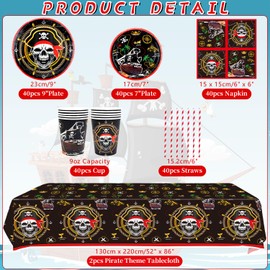 Obussgar Pirate Birthday Party Decorations - Pirate Party Supplies including Plates, Cups, Napkins for Pirate Party Decorations (40)