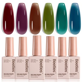 Beetles Fall Gel Nail Polish Set - 6 Colors Jelly Gel Polish Burgundy Red Brown Purple Green Blue Sheer Translucent Effect Soak Off UV Midnight Syrup Collection Nail Art Manicure Gift for Women