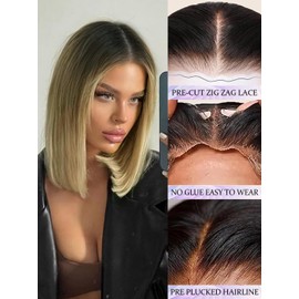 NOSTALGIA Ombre Blonde Synthetic Lace Front Wig with Black Roots Pre Cut Glueless Middle Part Short Straight Wig For Women Pre Plucked Hairline for Party and Daily Use 14 Inch