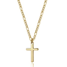 14K Gold Filled Cross Necklace for Men Figaro Chain Stainless Steel Plain Polished Cross Pendant Necklace Simple Faith Jewelry Gift for Women, Metal, Cubic Zirconia