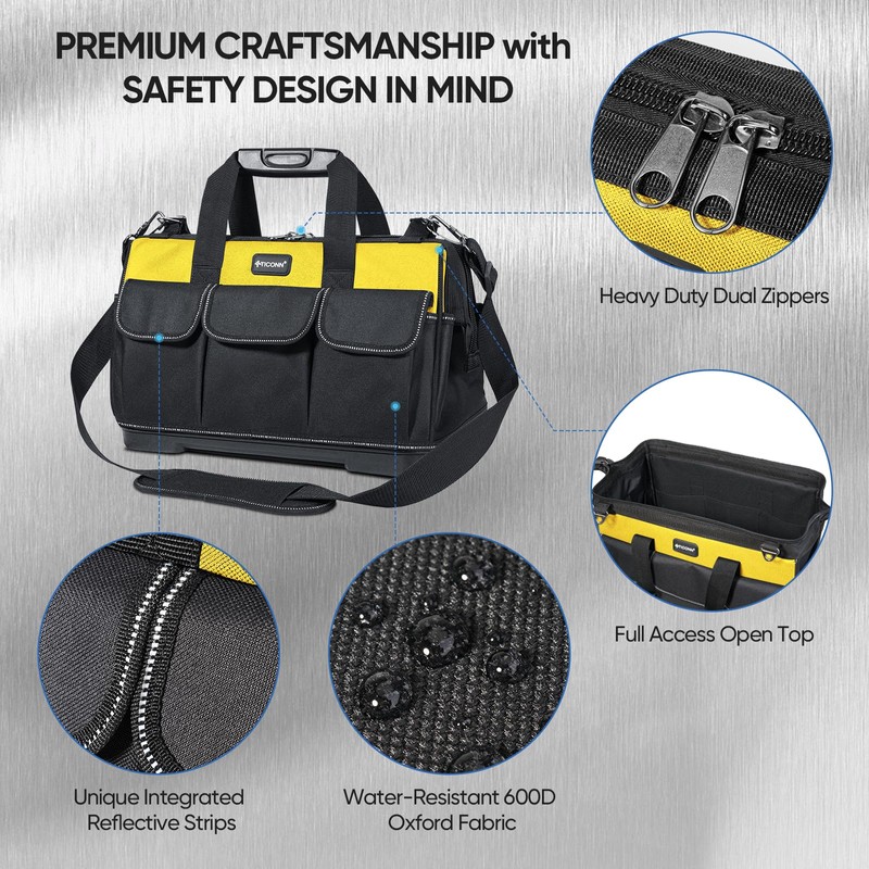 TICONN Tool Bag with Multi-Pockets Wide Mouth Tool Tote with