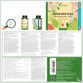 Roter Reis Plus Kapseln Vegavero® | 2,9 mg Monakolin K | Komplex mit Bergamotte + Artischocke + Q10 | Red Yeast Rice | Flavonoide & Antioxidantien | Ohne Zusatzstoffe | Vegan