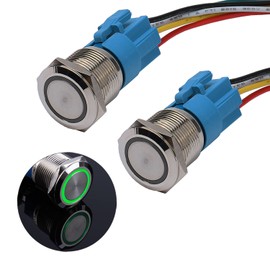 JIQI 2× 19mm 12V to 24V 3A Latching Waterproof Push button Switch Metal On/Off Latch Button Switch with LED Indicator Light IP66 1NO1NC Self-locking Pre-wired Button Switch for Yacht Car (Green)