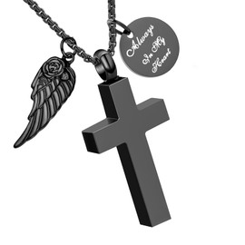 RJCMJDEU Cross Urn Ashes Necklace for Women Men Human Pet Cremation Jewelry Ash Loved One Memorial Angel Wing Pendant - Always in My Heart, Black