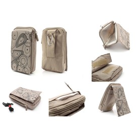 DFV mobile - Multi-Functional Vertical Stripes Nylon Pouch Bag case Zipper Closing Carabiner for Hitech Amaze S315 - Color BEIGE