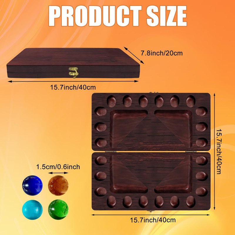 4-Player Mancala Board Game, Foldable Solid Wood with 110 Multi-Coloured