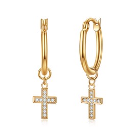 Gold cross Huggie Hoop Earrings for Women, Dangle Hoops for Teen Girls, 14K Gold Plated with Cubic Zirconia Earrings (14k gold cross charm)