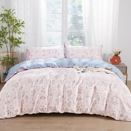 SAPHREAS Botanical Floral Duvet Cover Set Queen Size 3pcs Garden Style Blue Pink Leaves Bedding Comforter Cover Set Cotton Soft 1 Duvet Cover 2 Pillow Shams, Comforter Not Included