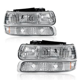 PIT66 Headlights Assembly Clear lens Chrome Housing Amber Reflector, Compatible with 1999-2002 Chevy Silverado/ 2000-2006 Suburban Tahoe bumper Headlamp