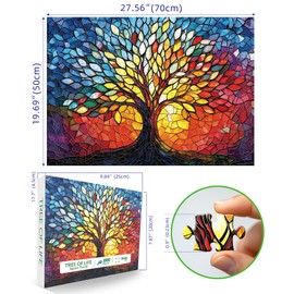 Puzzles for Adults 1000 Pieces Stained Glass Tree of Life Puzzle for Adults Colorful Mosaic Jigsaw Puzzles 1000 Pieces with Letters on Back Hard Impossible Difficult Challenging Family Puzzle