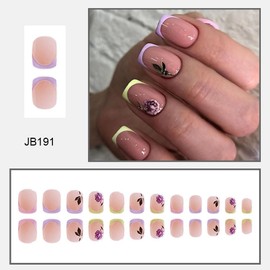 CEWEWP Short Press on Nails French Tip False Nails Square Nude Pink Fake Nails with Designs Rose Flowers Glossy Colored Full Cover Acrylic Nails Artificial Nails Tips for Women and Girls 24pcs