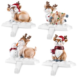 Kalolary Christmas Stocking Holders for Fireplace, 4 Styles Stocking Hangers with Christmas Elk Hook Pattern, Mantle Non-Slip Sturdy Mantel Stocking Hooks for Christmas Home Decoration Gifts