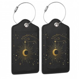 Hand Holding Crescent Moon Boho Luggage Tags for Suitcases, 2 Pack Cute PU Leather Suitcase Tag Identifiers with Address Card for Baggage Tag