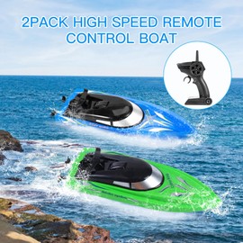 2-Pack RC Boat - Remote Control Boats for Kids and Adults - 10km/H 2.4G High Speed - Fast RC Boats for Pools and Lakes - Includes 4 Rechargeable Batteries - Blue and Green