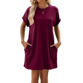 isermeo Women Summer Dresses Solid Color Swing Crewneck Loose Sundress T-Shirt Casual with Pockets Plum S